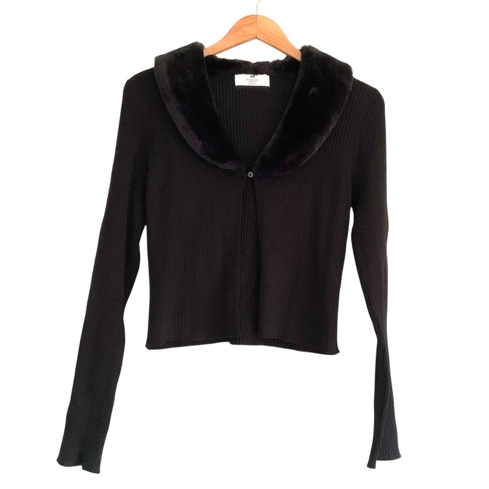 H&M Girls Ribbed Cardigan w/Faux Fur Collar Sz 20 Black Y2K Parisian Style Chic